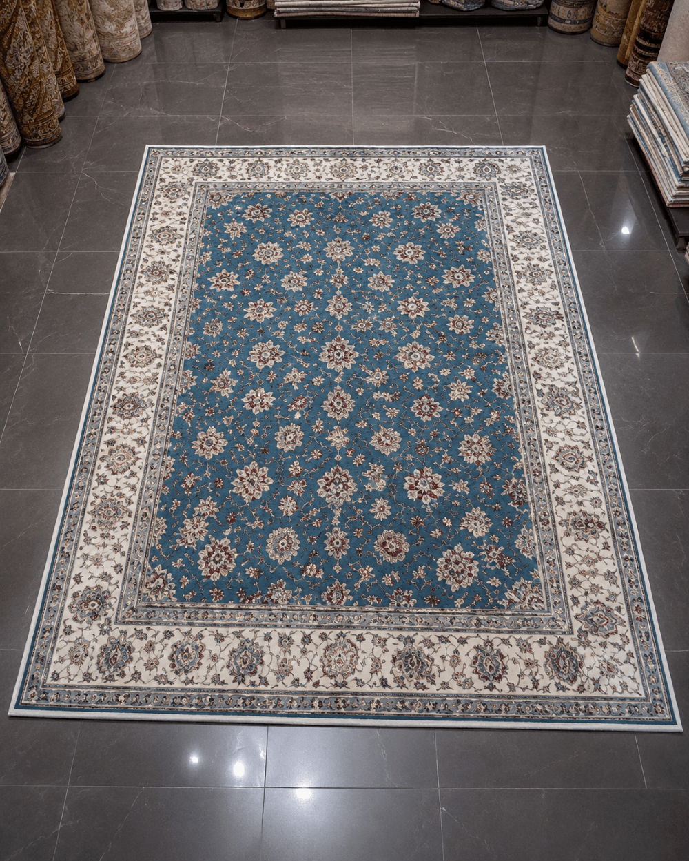 Klasik Saray Tarzı Salon Halısı - Mavi Krem Vintage Desenli Halı image 0