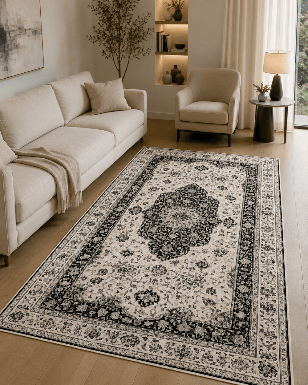 Geleneksel Motifli Modern Salon Halısı - Krem Antrasit Çiçek Desenli image 1
