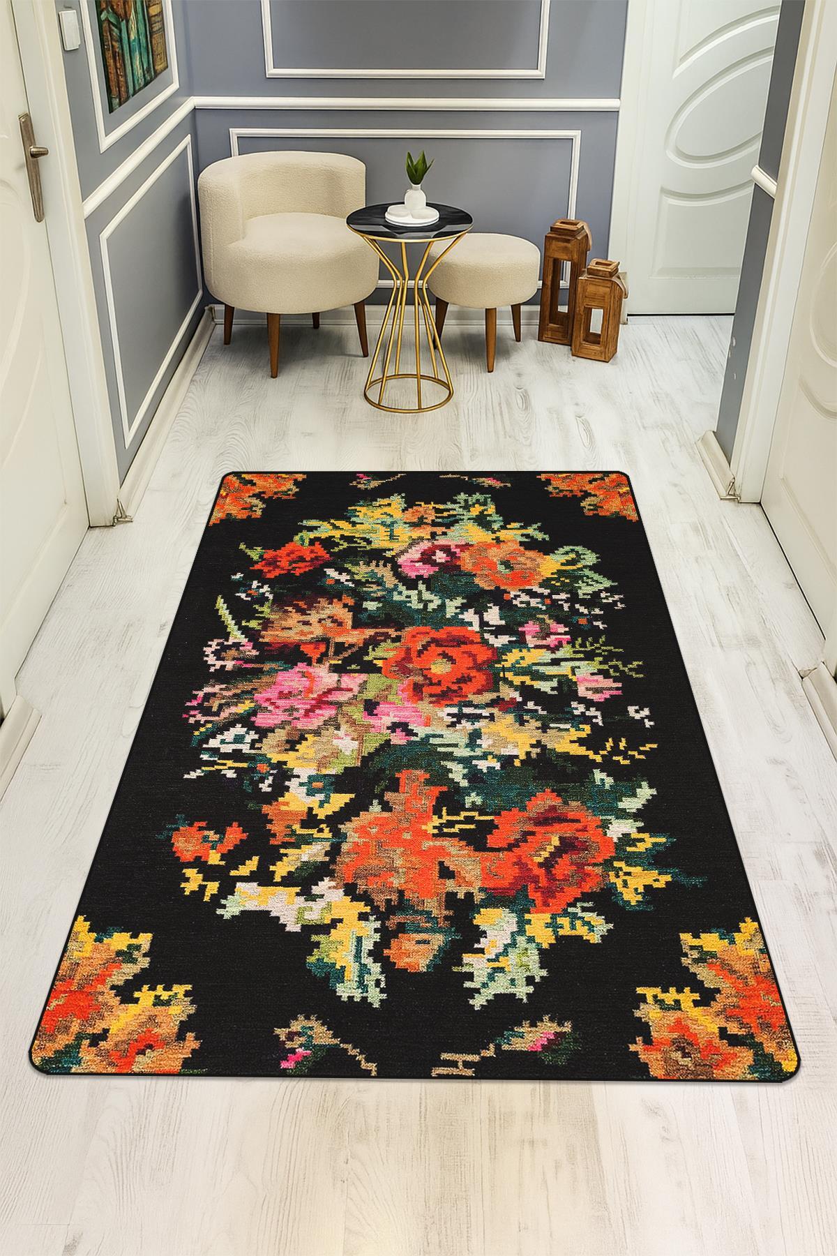 Kaymaz Taban Yıkanabilir Halı – Model 006 Çok Renkli Çiçek