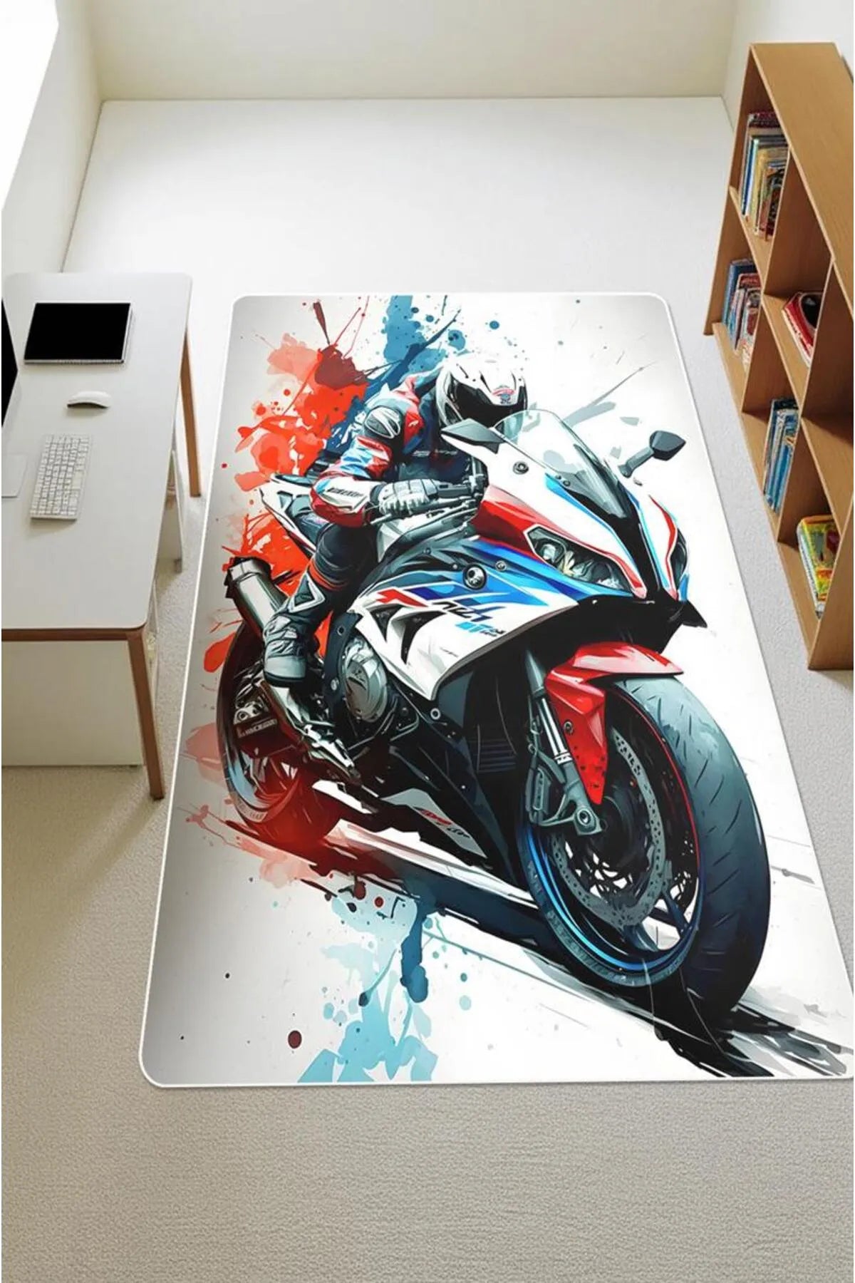 Yarış Motoru Desenli Genç Odası Kaymaz Taban Dijital Baskı Halı H01226A