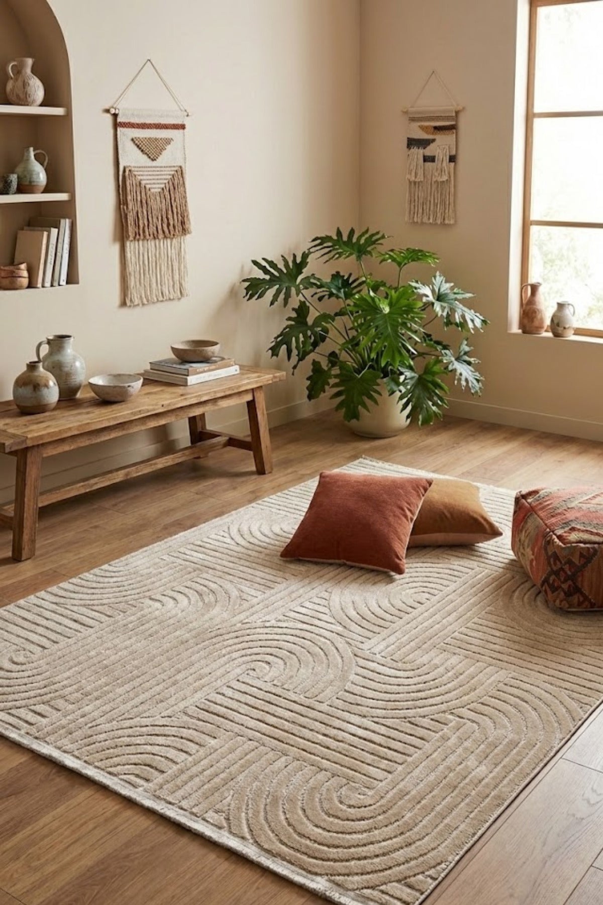 Verona İskandinav Bej Geometrik Desenli Modern ve Şık Salon Halısı