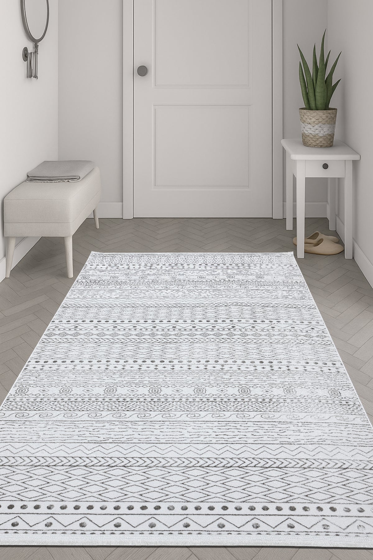 Yağız Halı Verona Etnik Bambu Halı | Gri Beyaz Bohem Desenli Premium Salon Halısı
