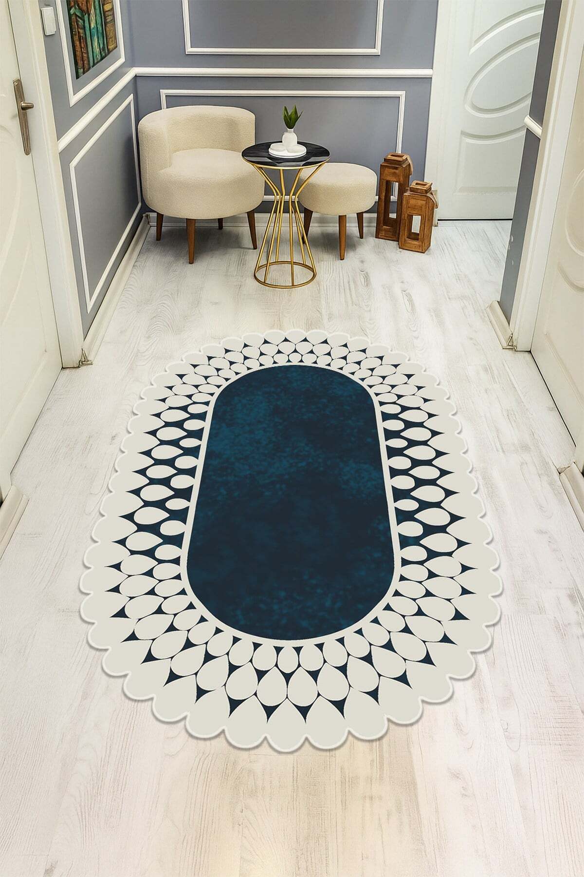 Kaymaz Taban Yıkanabilir Halı – Model 007 Mavi Oval