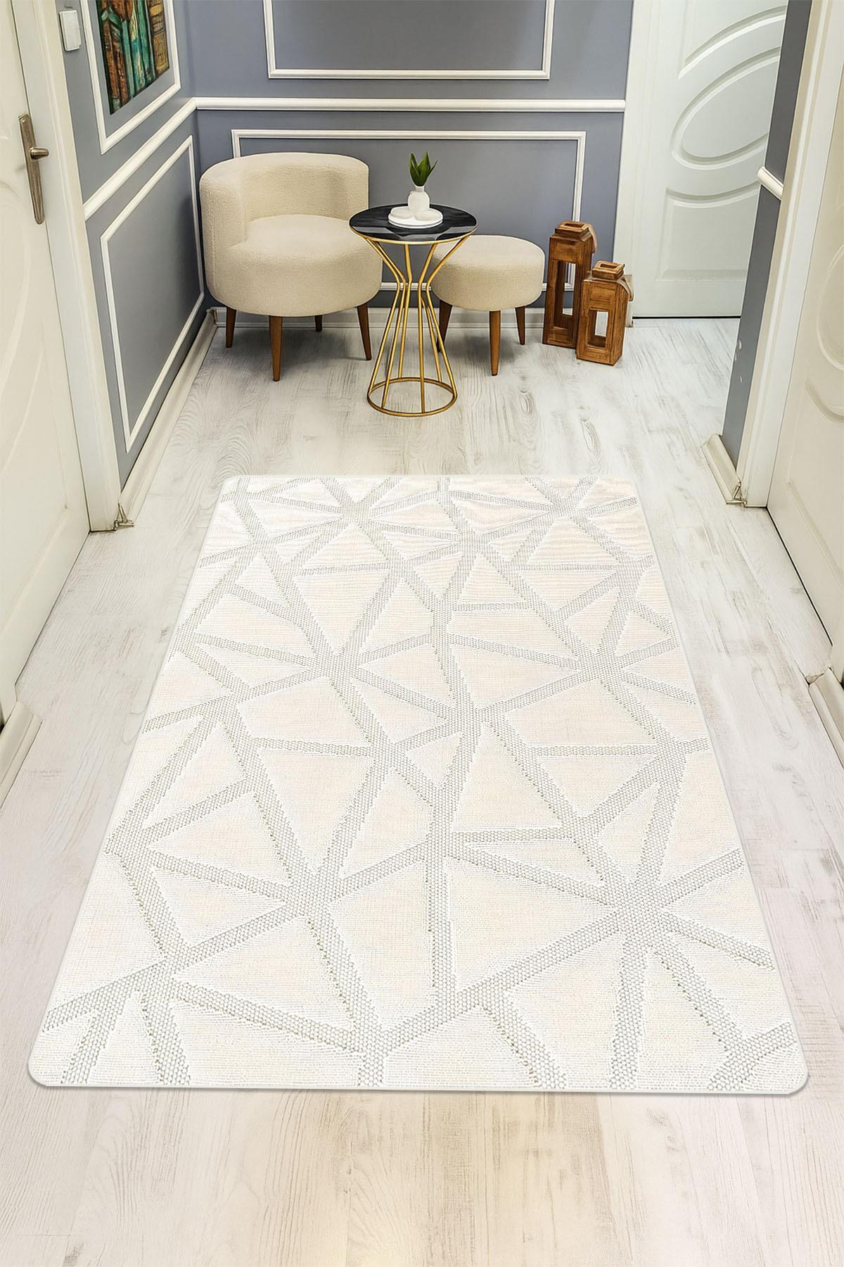 Kaymaz Taban Yıkanabilir Halı – Model 004 Beyaz Geometrik