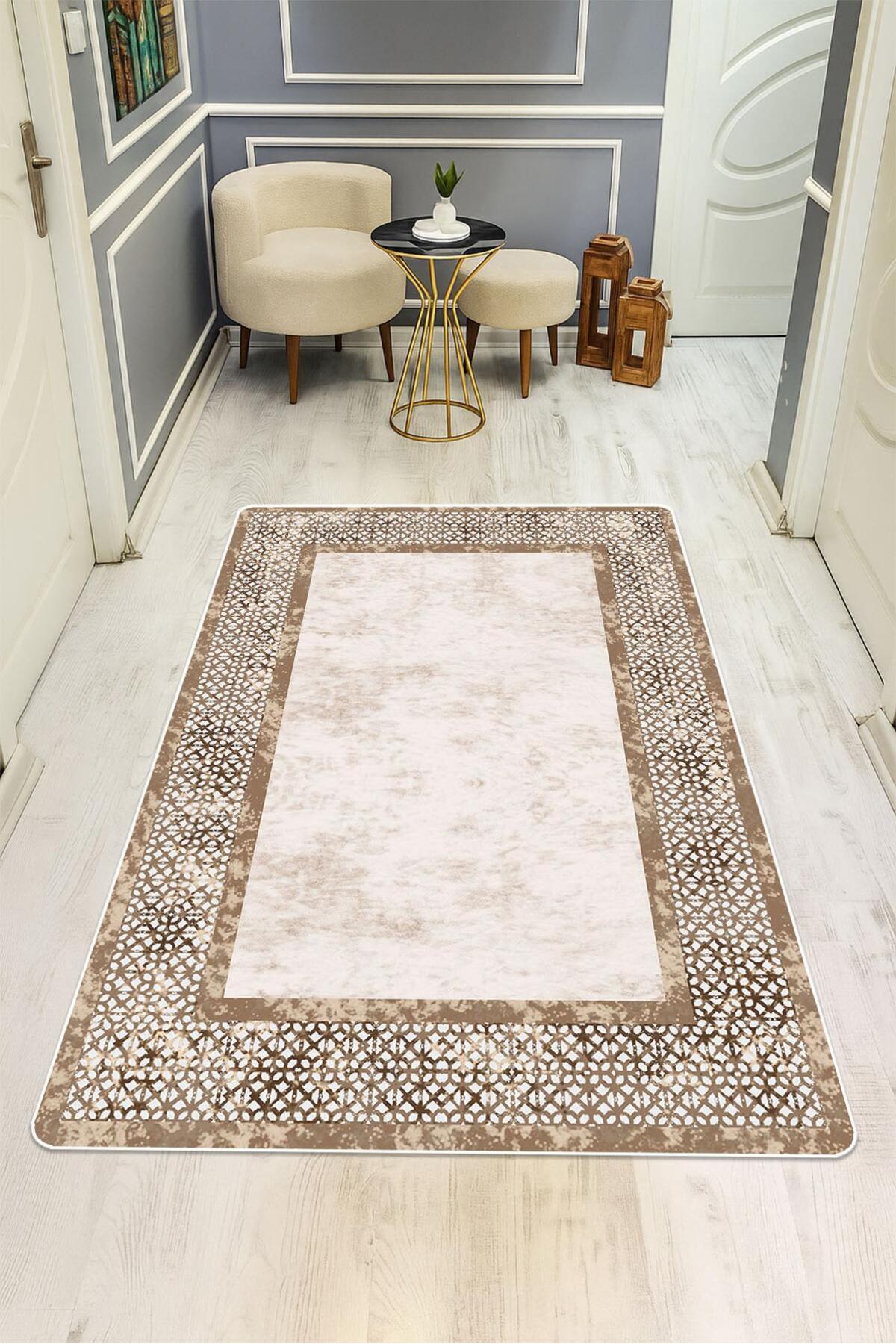 Kaymaz Taban Yıkanabilir Halı – Model 001 Kahve Krem