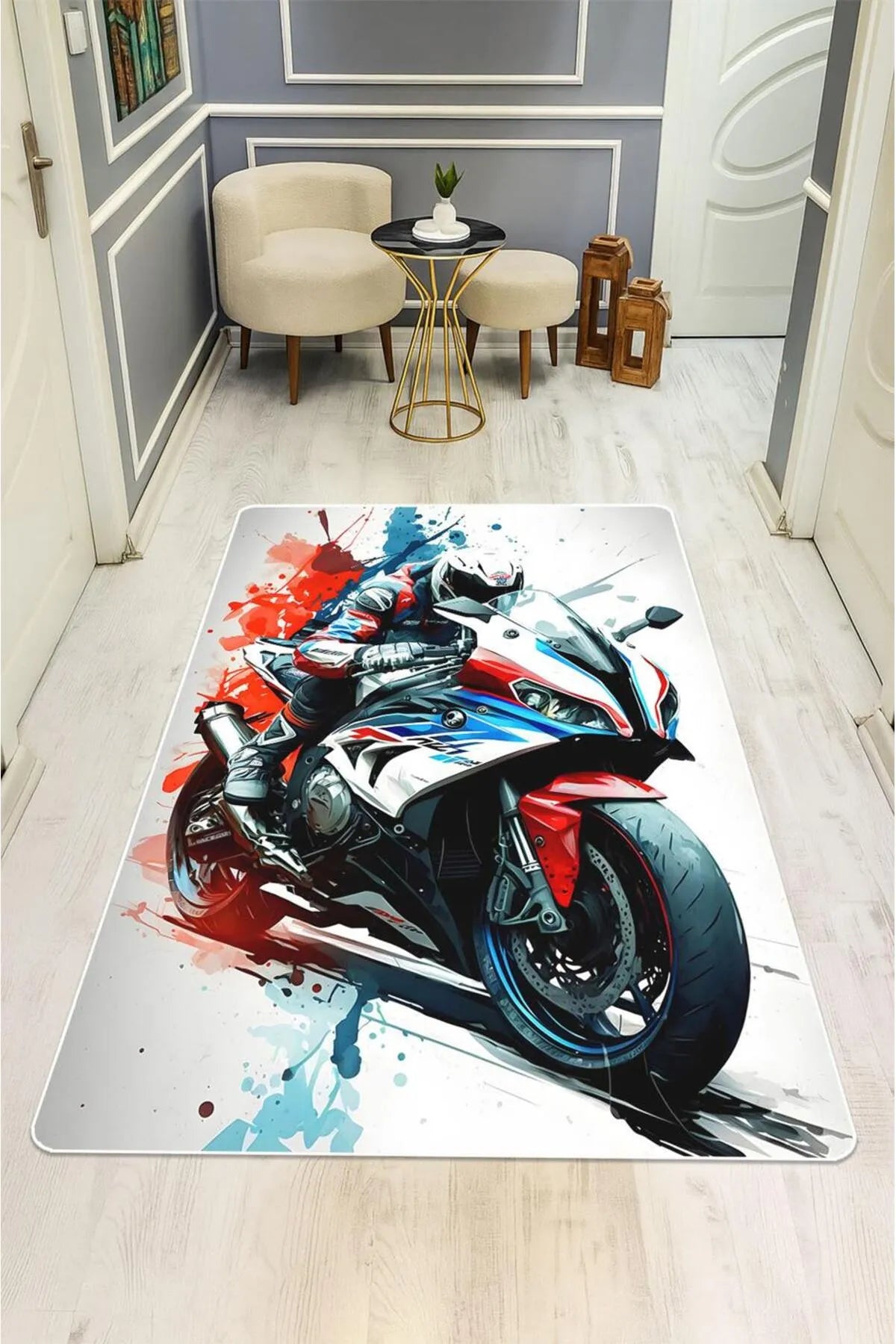 Yarış Motoru Desenli Genç Odası Kaymaz Taban Dijital Baskı Halı H01226A