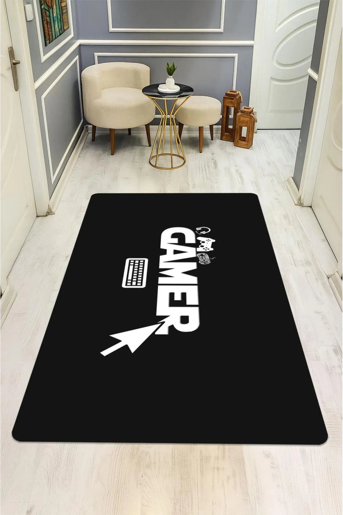 Gamer Desenli Siyah Genç Odası Kaymaz Taban Halı H01232A