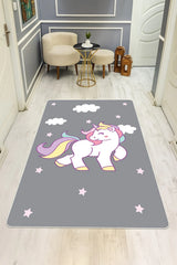 Unicorn Desenli Gri Çocuk Odası Kaymaz Taban Halı H01230A