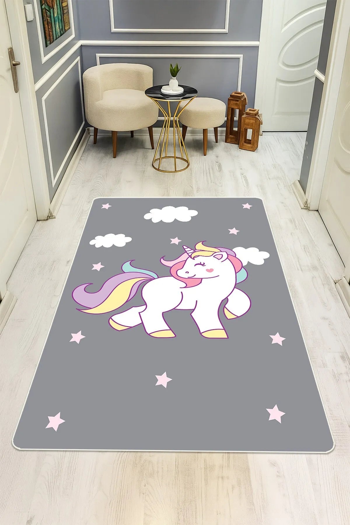 Unicorn Desenli Gri Çocuk Odası Kaymaz Taban Halı H01230A