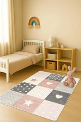 Pembe Gri Patchwork Yıldız Kalp Desenli Çocuk Odası Kaymaz Taban Halı H01235A