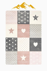 Pembe Gri Patchwork Yıldız Kalp Desenli Çocuk Odası Kaymaz Taban Halı H01235A