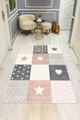 Pembe Gri Patchwork Yıldız Kalp Desenli Çocuk Odası Kaymaz Taban Halı H01235A
