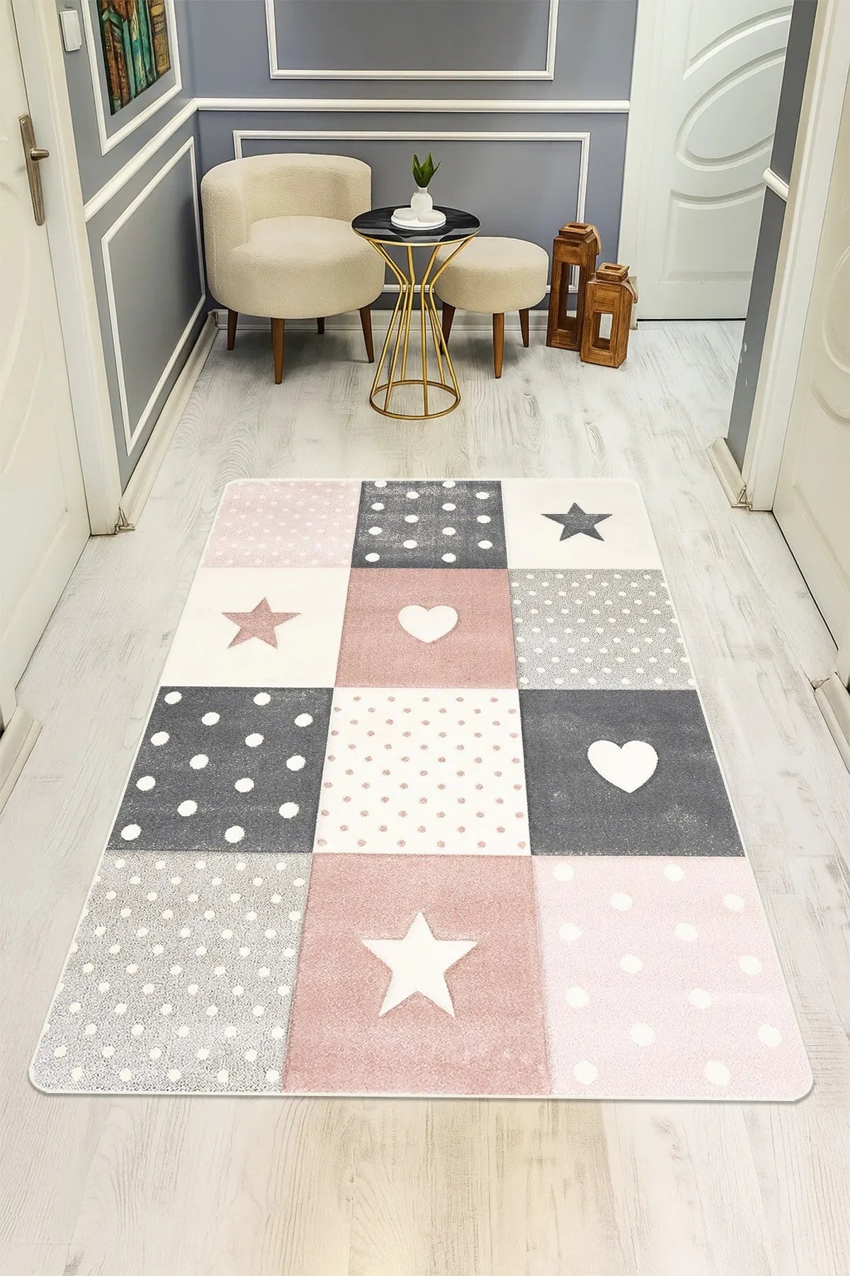 Pembe Gri Patchwork Yıldız Kalp Desenli Çocuk Odası Kaymaz Taban Halı H01235A