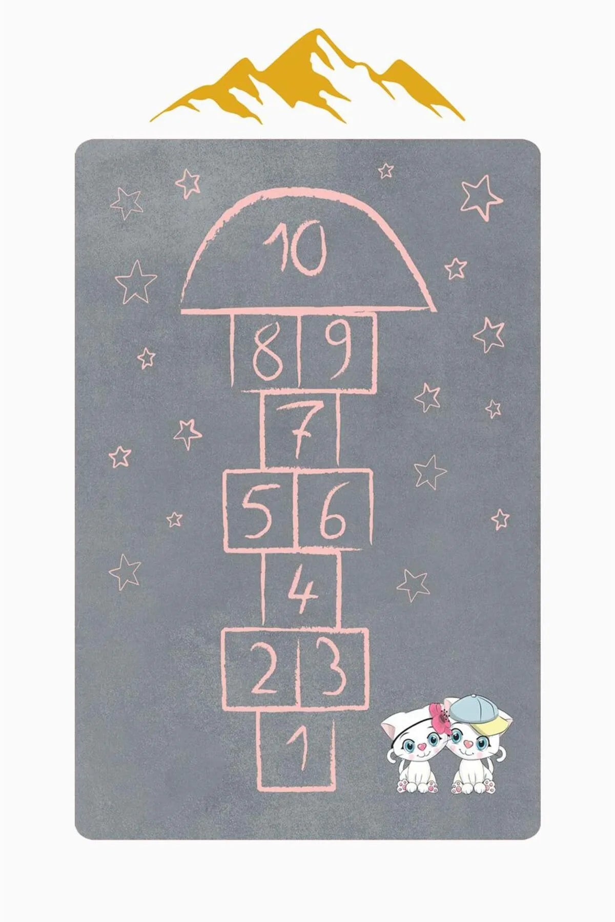 Gri Seksek Desenli Kedi Figürlü Çocuk Odası Kaymaz Taban Oyun Halısı H01234A