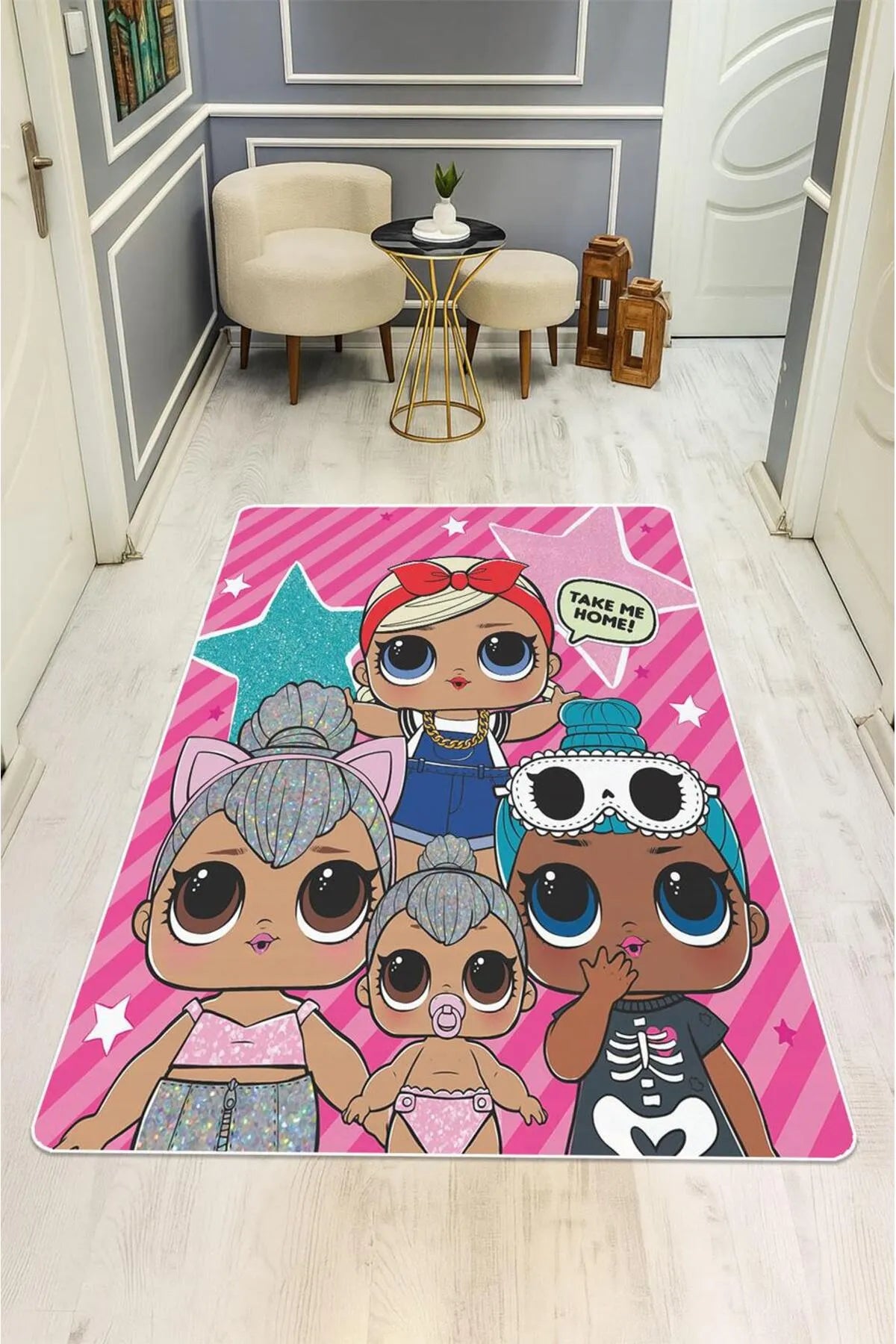 Kız Çocuk Odası Sevimli Bebek Desenli Kaymaz Taban Halı H01229A