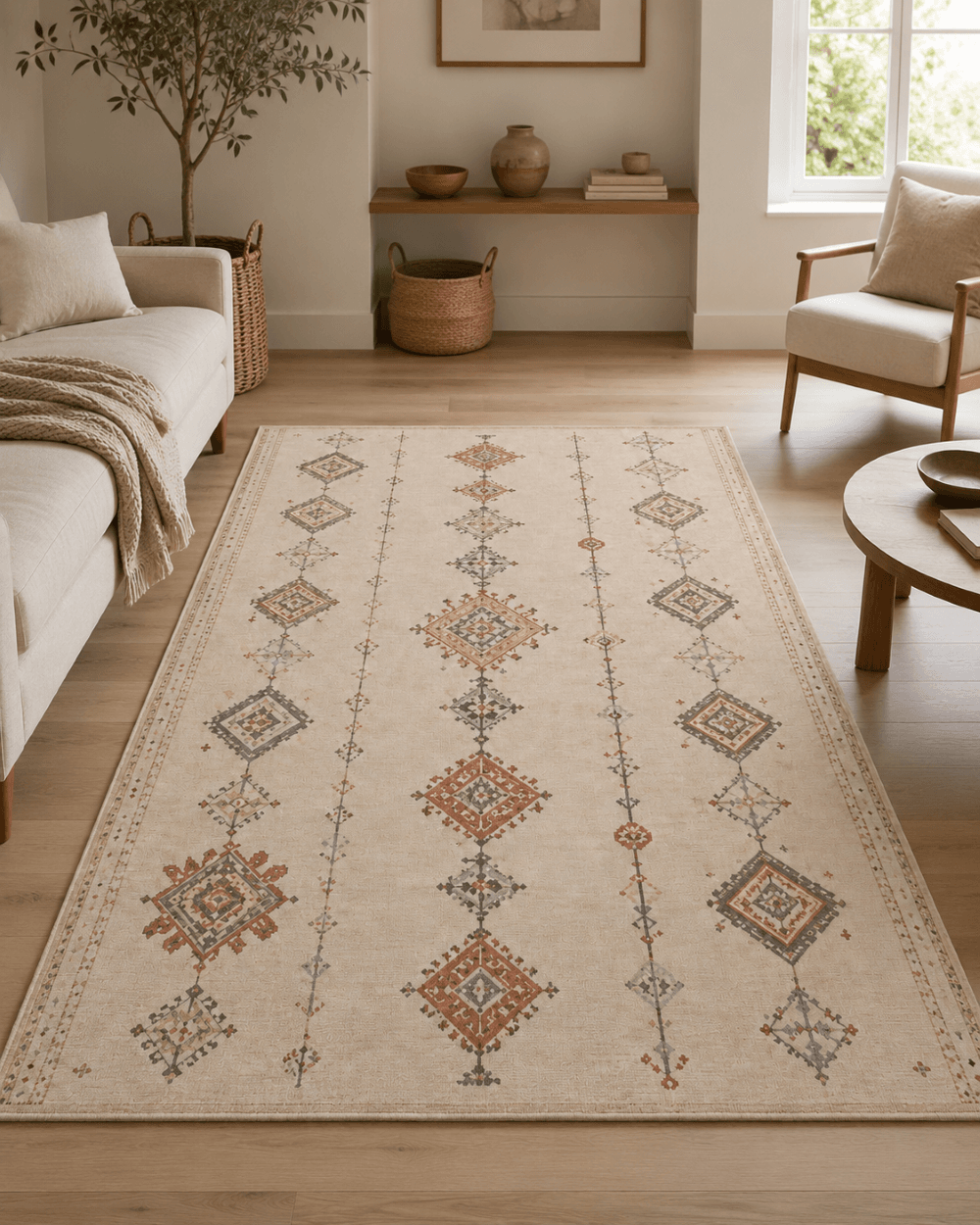 Otantik Geometrik Motifli Oturma Odası Halısı - Krem Bej Taba Tonlarında image 1