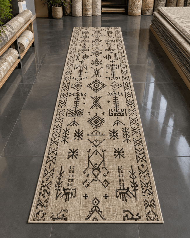 Etnik Kilim Desenli Koridor Yolluğu - Hasır Bej Jüt Görünümlü Halı image 0