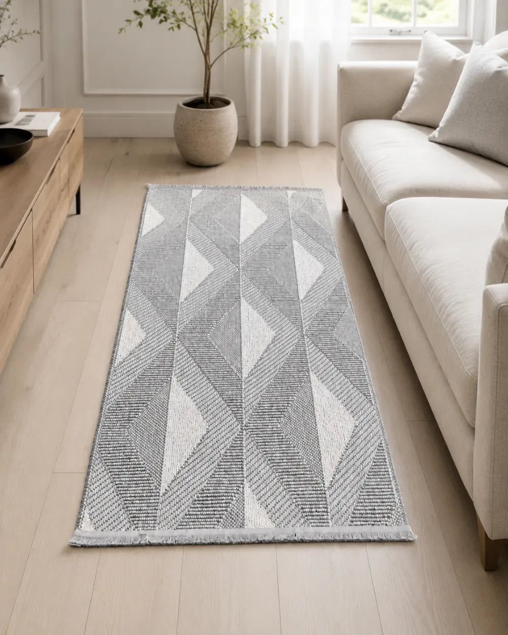 Geometrik Baklava Desenli Modern Koridor Yolluğu - Gri Beyaz İskandinav Tarzı image 0