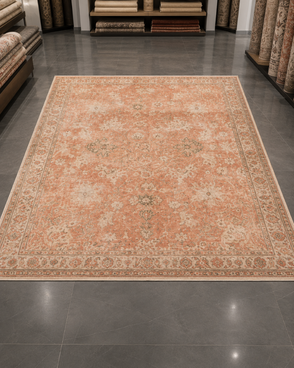 Klasik Eskitme Modern Salon Halısı - Somon Kiremit Vintage Desenli image 0