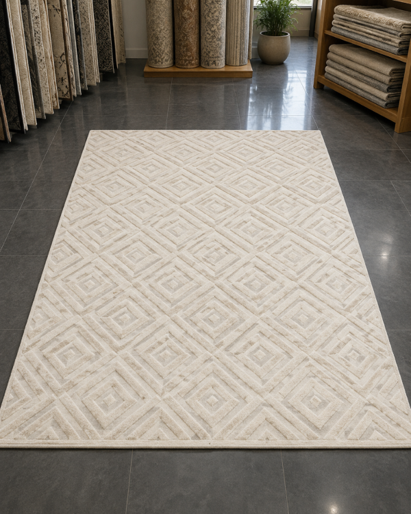 Geometrik Baklava Desenli Modern Salon Halısı - Krem Ekru Halı image 0