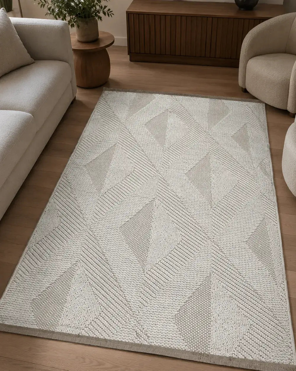 Bohem ve Minimalist Yatak Odası Halısı - Krem Leke Tutmaz Dekoratif Dokulu Halı image 0