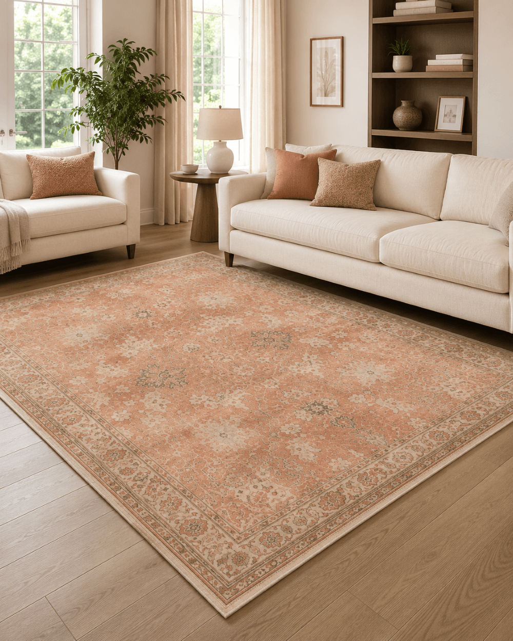 Klasik Eskitme Modern Salon Halısı - Somon Kiremit Vintage Desenli image 1