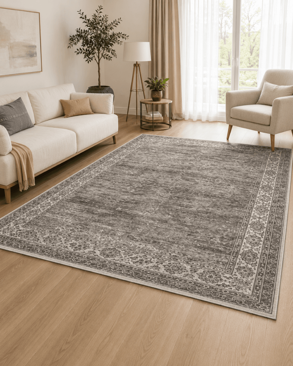 Klasik Bordürlü Modern Salon Halısı - Antrasit Gri Eskitme Halı image 1
