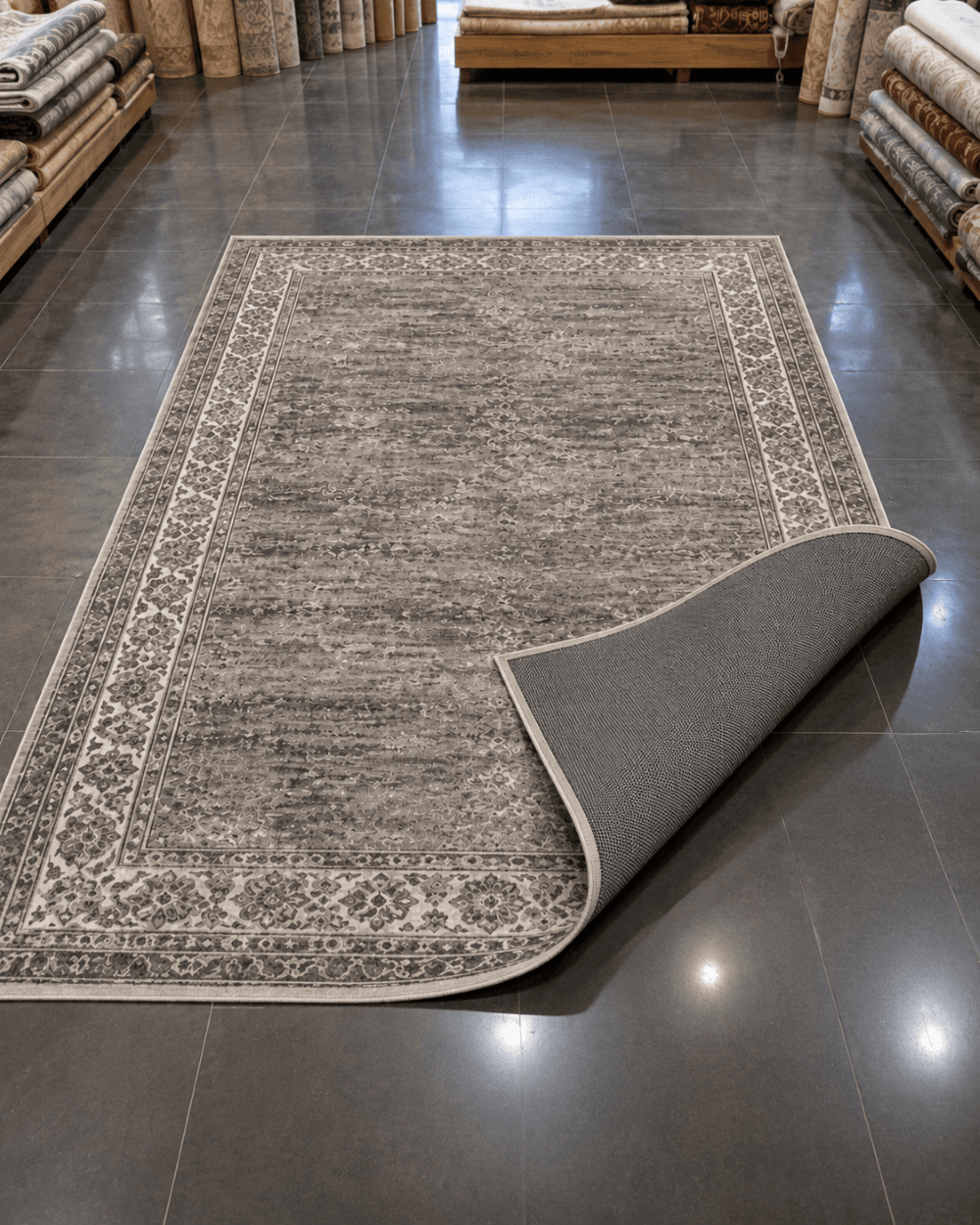 Klasik Bordürlü Modern Salon Halısı - Antrasit Gri Eskitme Halı image 2