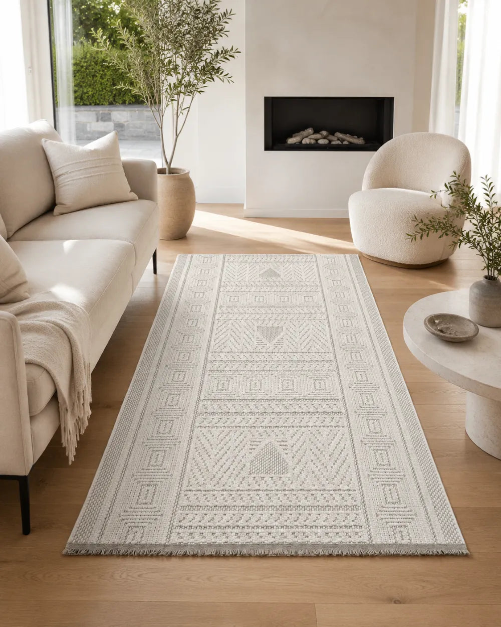 Bohem ve Minimalist Antre Halısı - Krem Leke Tutmaz Dekoratif Dokulu image 0