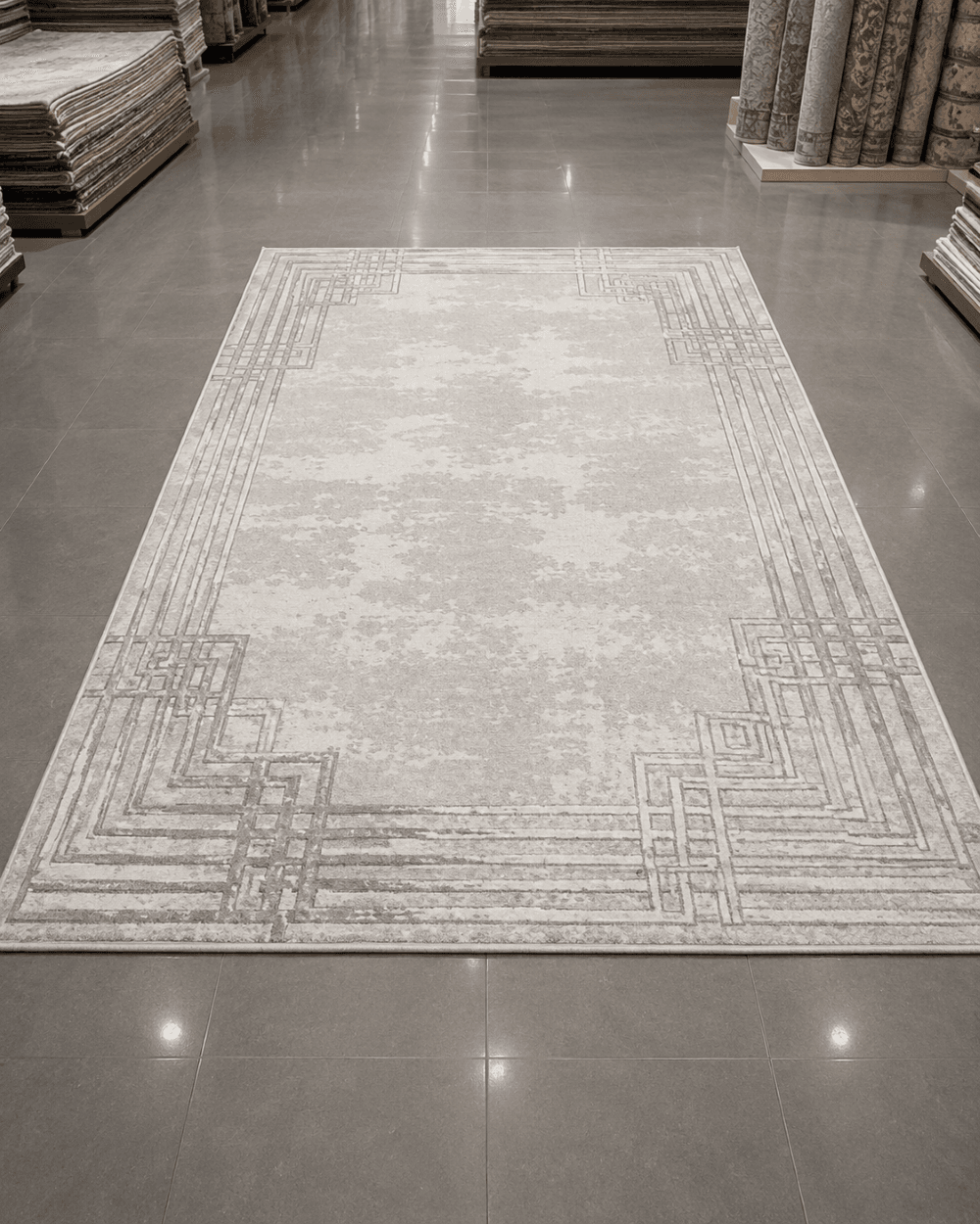 Geometrik Çerçeveli Modern Salon Halısı - Krem Gri Eskitme Desenli image 0