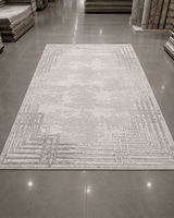 Geometrik Çerçeveli Modern Salon Halısı - Krem Gri Eskitme Desenli image 0