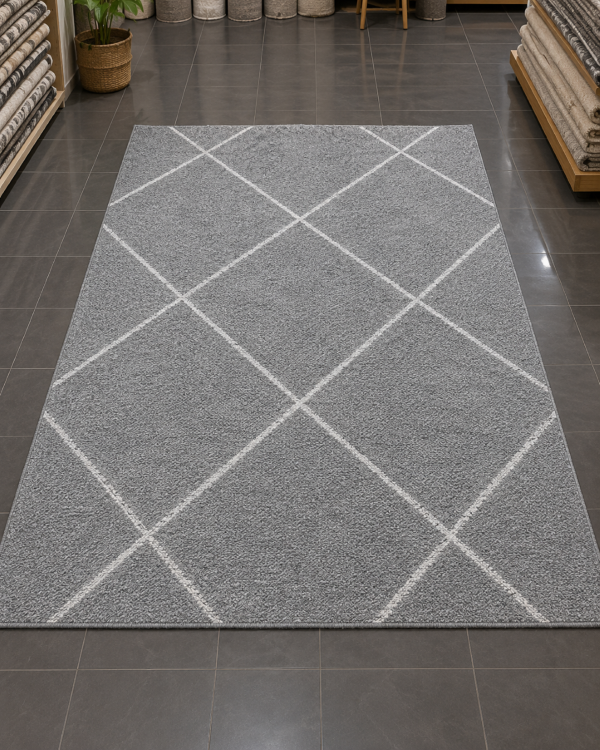 Geometrik Baklava Desenli Modern Salon Halısı - Gri Beyaz Çizgili Halı image 0