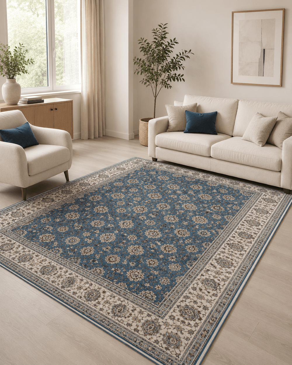 Klasik Saray Tarzı Salon Halısı - Mavi Krem Vintage Desenli Halı image 1