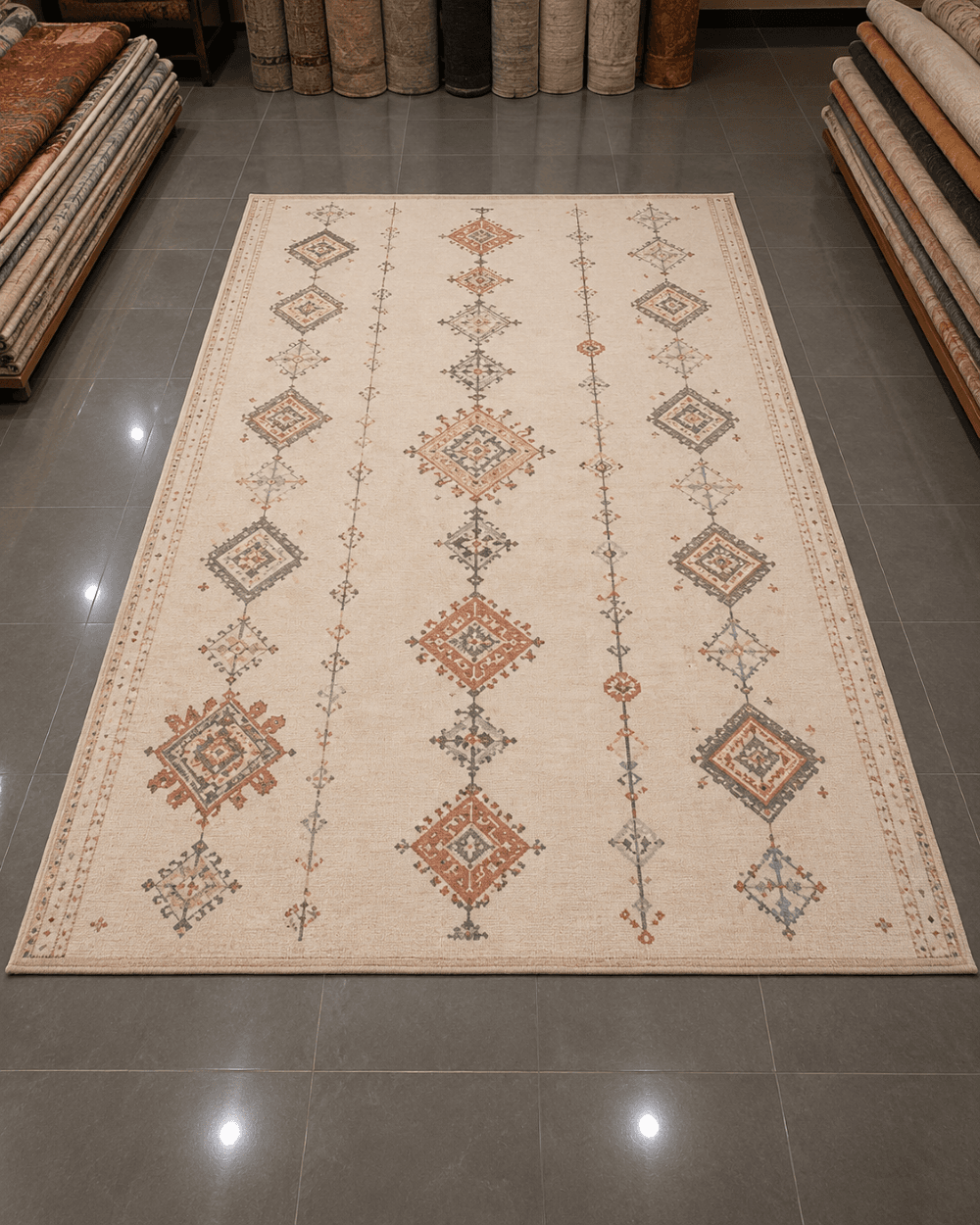 Otantik Geometrik Motifli Oturma Odası Halısı - Krem Bej Taba Tonlarında image 0