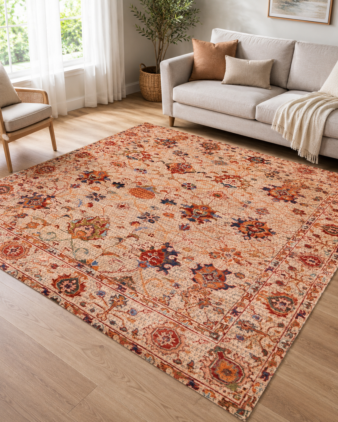 Somon Bej Klasik Desenli Vintage Sisal Dokuma Salon Halısı