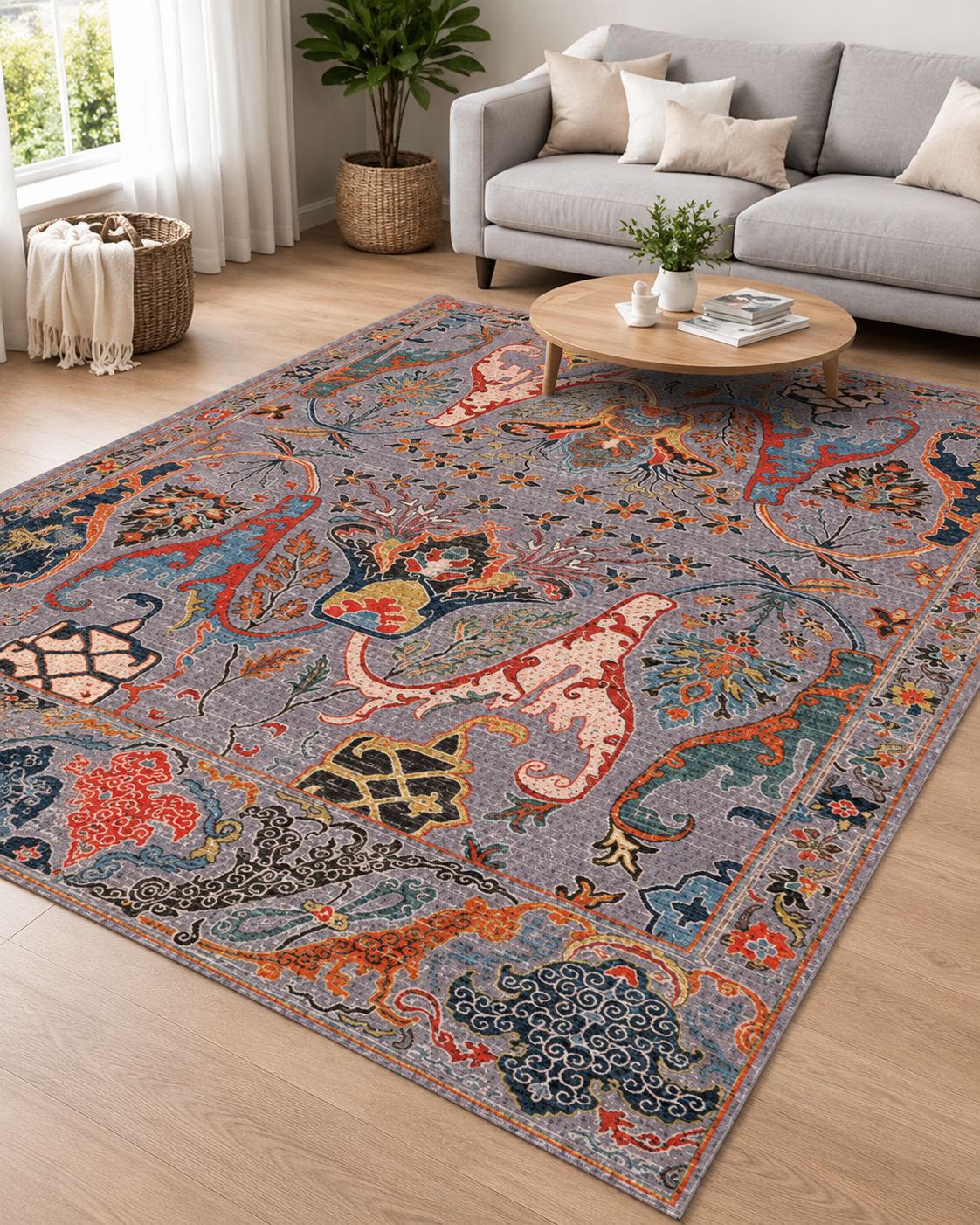 Gri Zeminli Renkli Paisley Desenli Sisal Dokuma Salon Halısı