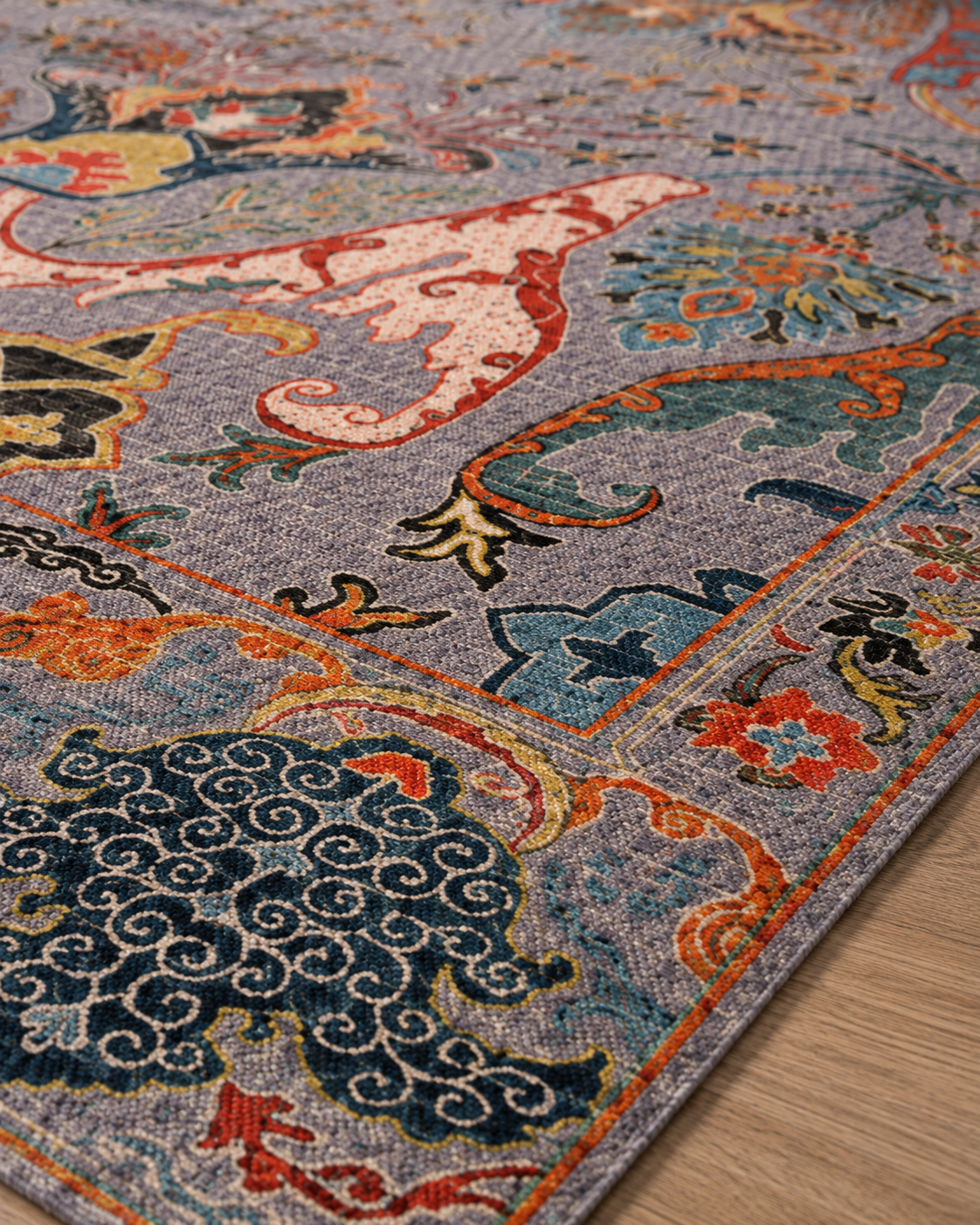 Gri Zeminli Renkli Paisley Desenli Sisal Dokuma Salon Halısı