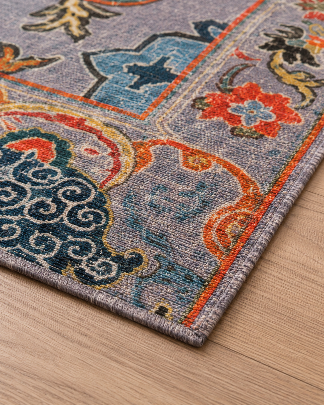 Gri Zeminli Renkli Paisley Desenli Sisal Dokuma Salon Halısı