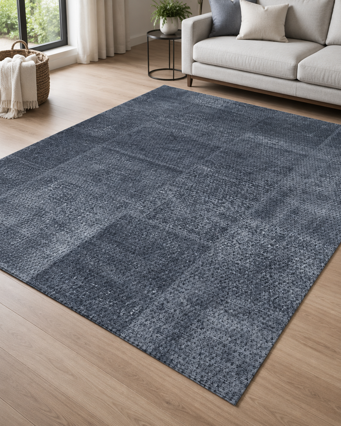 Antrasit Mavi Eskitme Desenli Modern Sisal Dokuma Salon Halısı