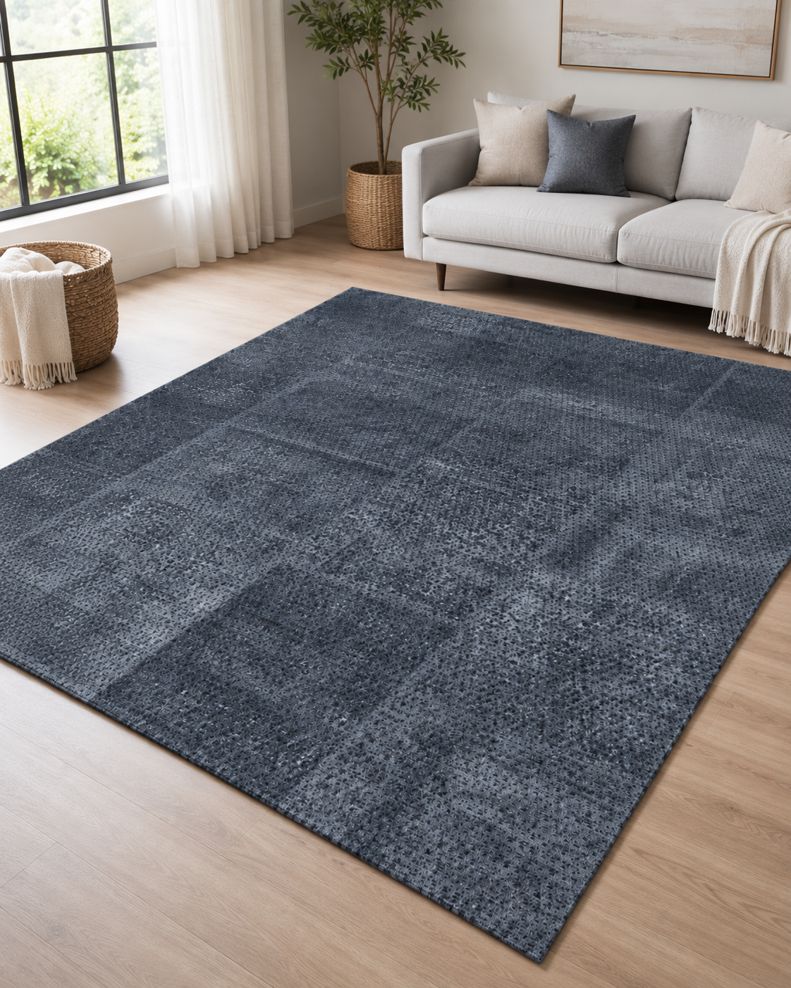 Antrasit Mavi Eskitme Desenli Modern Sisal Dokuma Salon Halısı