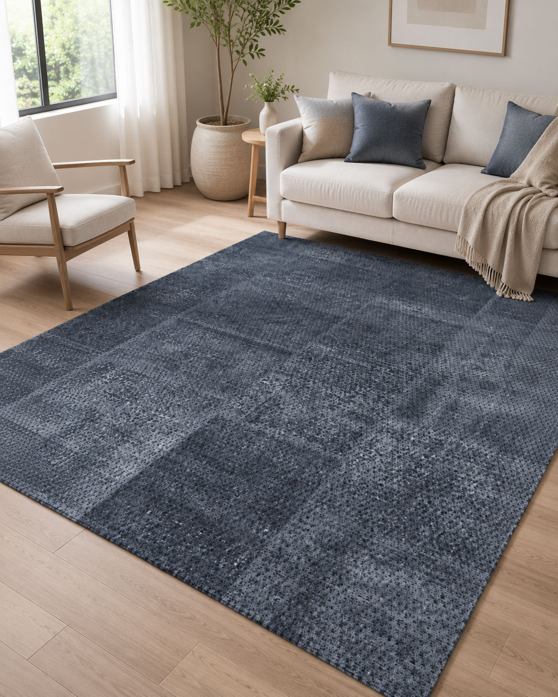 Antrasit Mavi Eskitme Desenli Modern Sisal Dokuma Salon Halısı