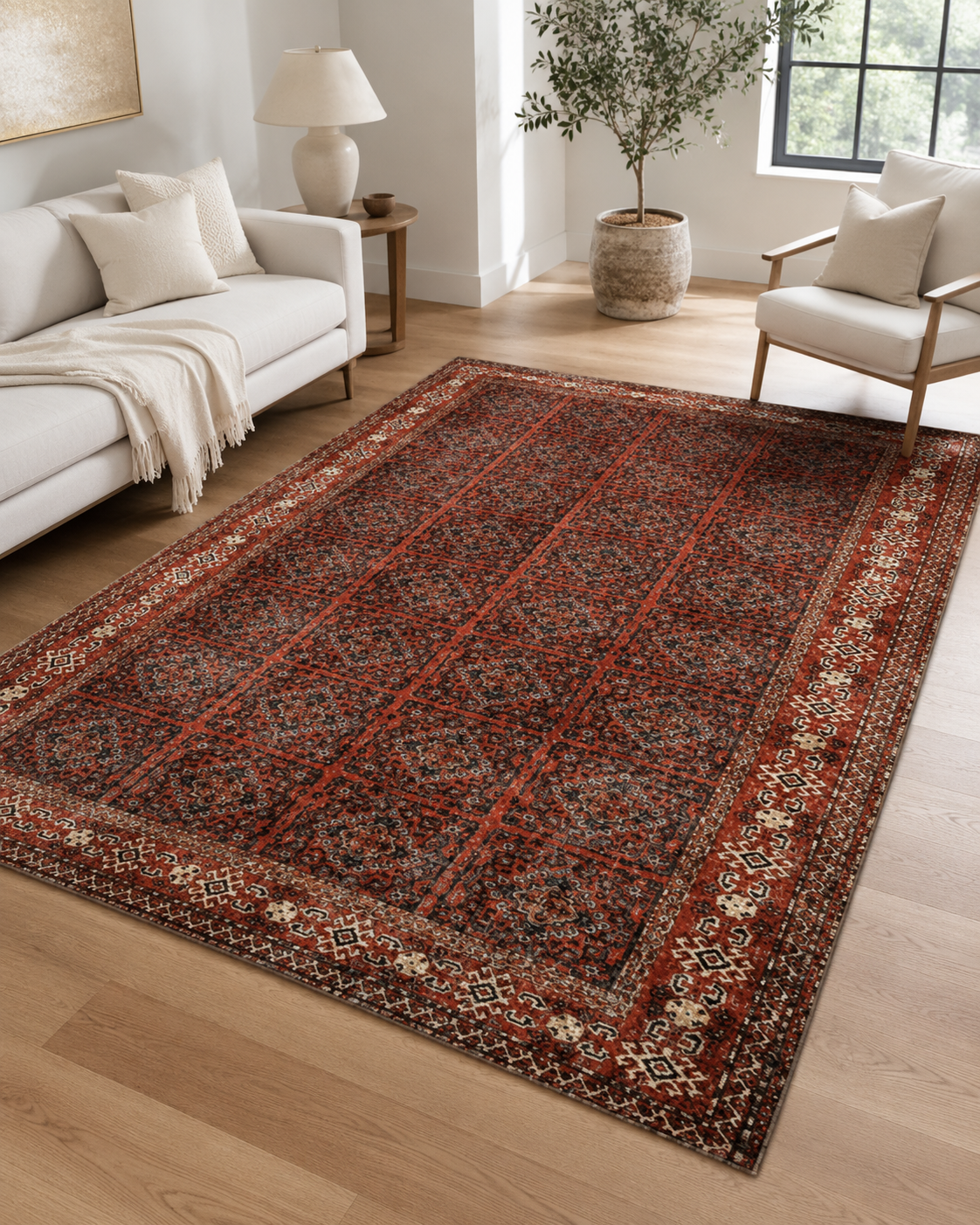 Kiremit Bej Klasik Desenli Vintage Sisal Dokuma Salon Halısı
