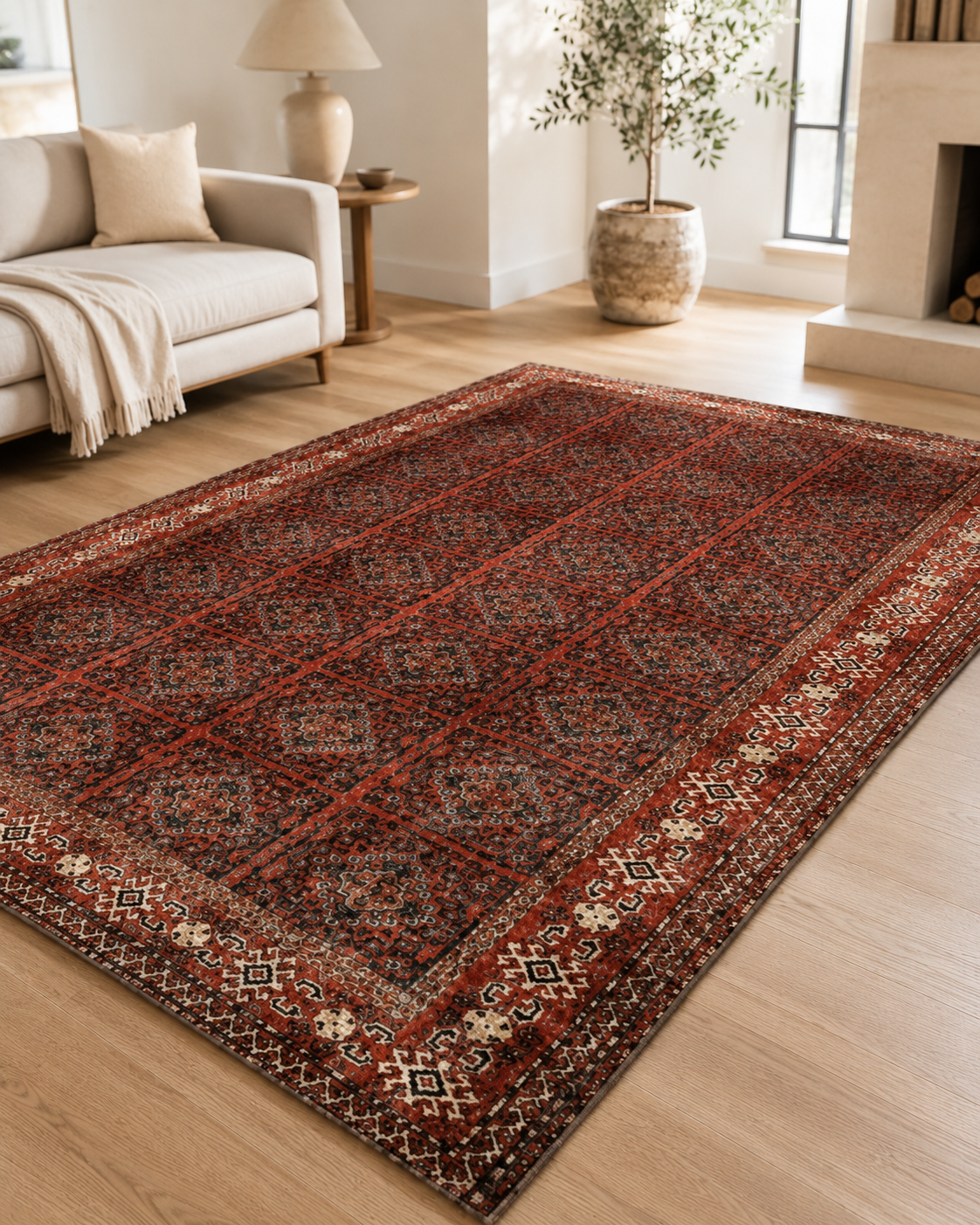 Kiremit Bej Klasik Desenli Vintage Sisal Dokuma Salon Halısı