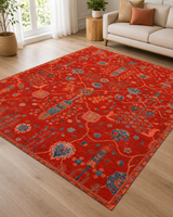 Kırmızı Turkuaz Çiçek Desenli Vintage Sisal Dokuma Salon Halısı