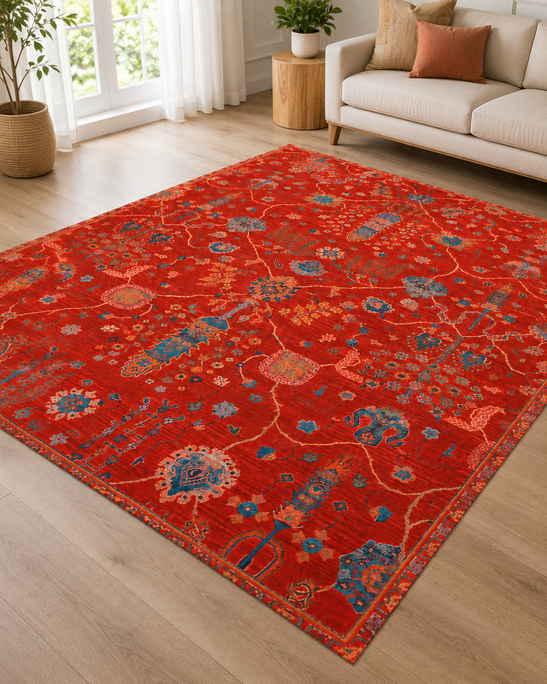 Kırmızı Turkuaz Çiçek Desenli Vintage Sisal Dokuma Salon Halısı