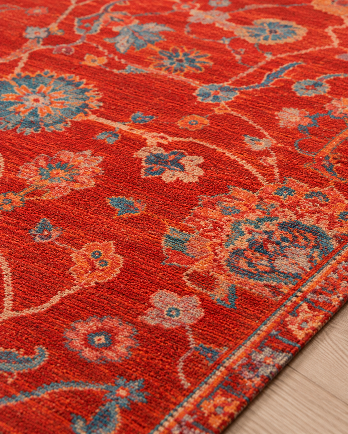 Kırmızı Turkuaz Çiçek Desenli Vintage Sisal Dokuma Salon Halısı