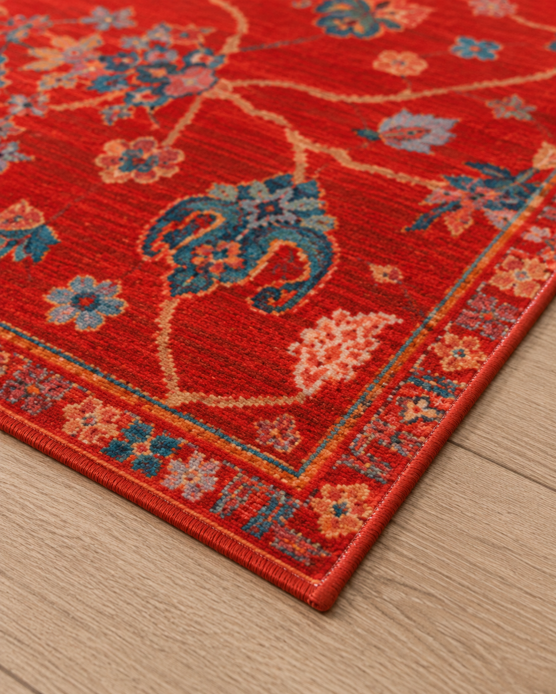 Kırmızı Turkuaz Çiçek Desenli Vintage Sisal Dokuma Salon Halısı