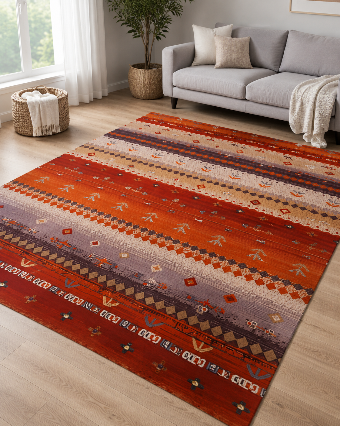 Kiremit Turuncu Etnik Desenli Sisal Dokuma Salon Halısı