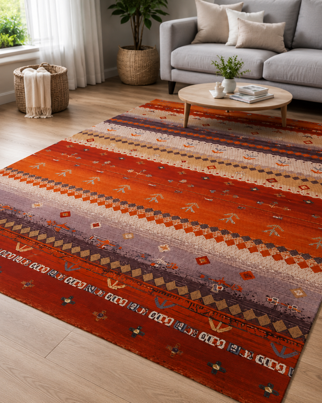 Kiremit Turuncu Etnik Desenli Sisal Dokuma Salon Halısı