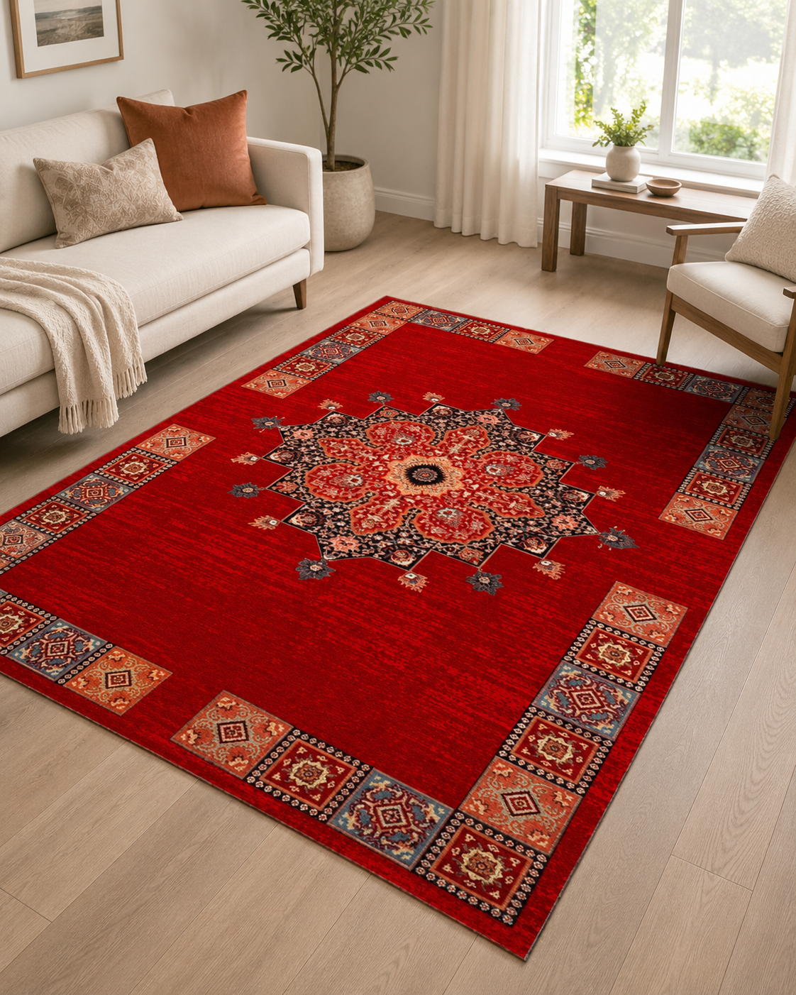 Kırmızı Madalyon Desenli Klasik Sisal Dokuma Salon Halısı